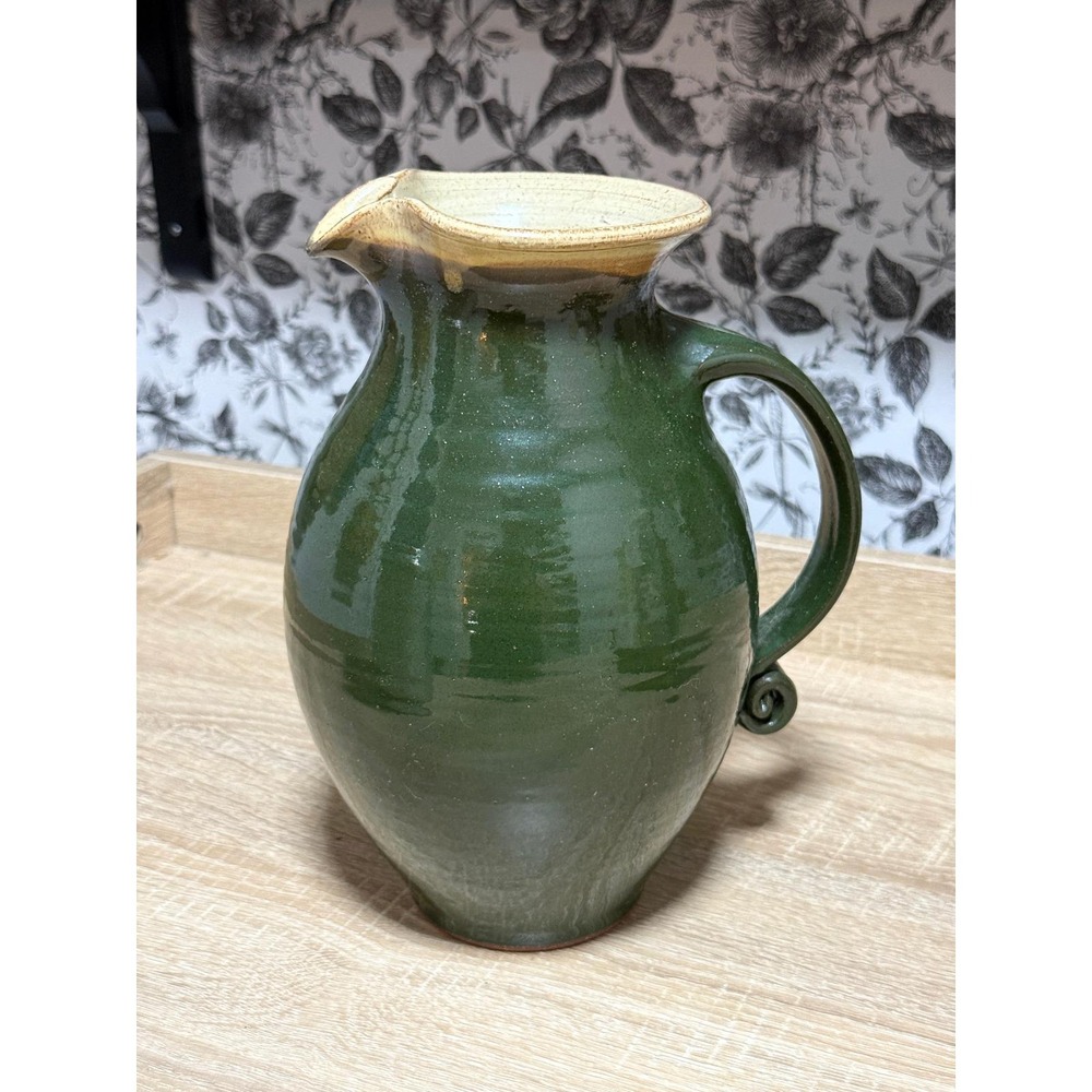 Signed 2000s Studio Pottery Green Ceramic Pitcher Hand Thrown Farmhouse
